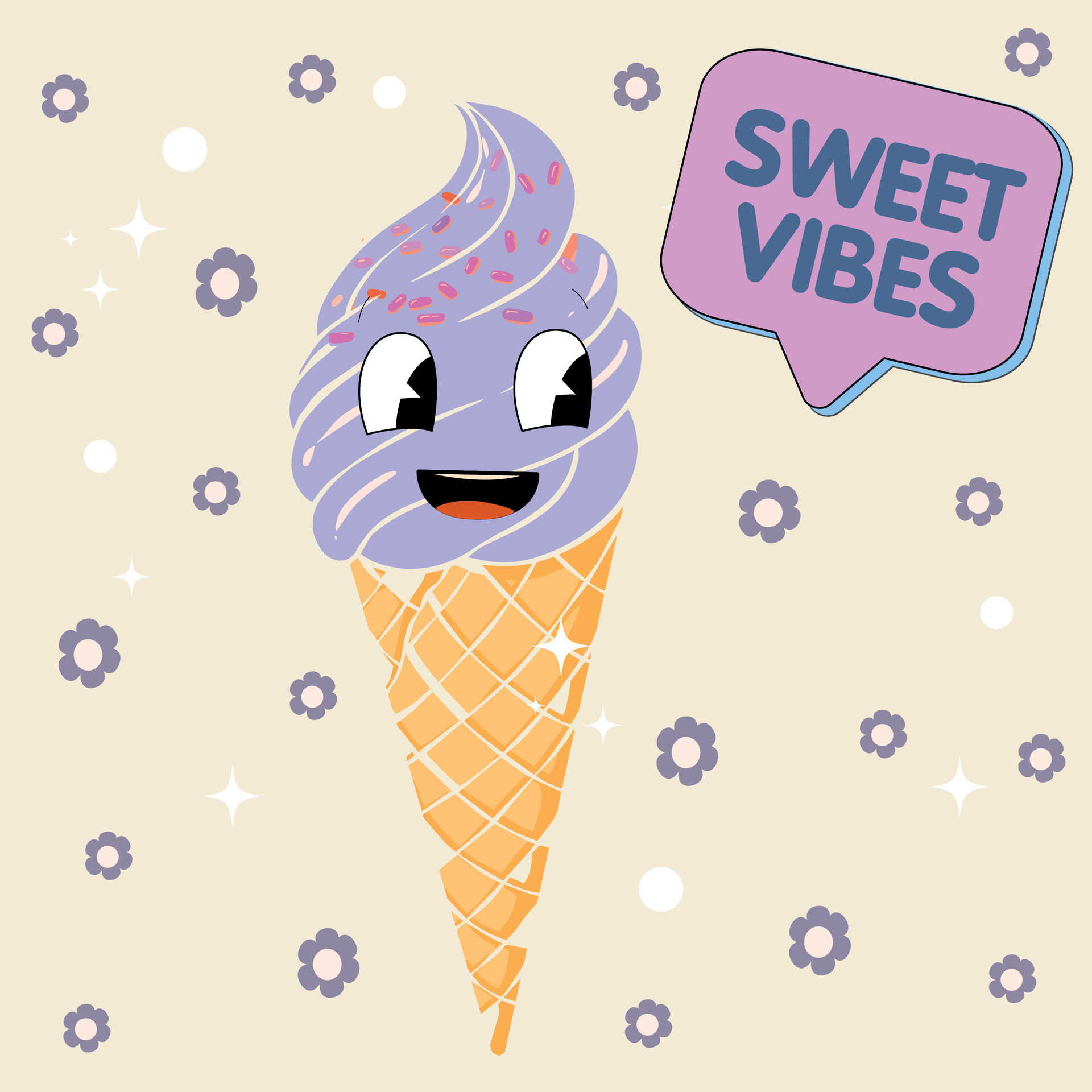 Abstract groovy ice cream cone with face. 70s, 80s, 90s vibes funky