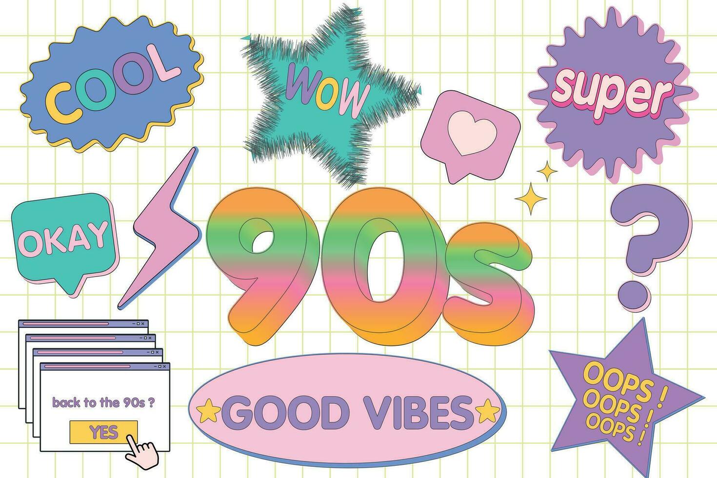 Set of trendy badges or stickers in the style of the 90s. Bright patches with smiling faces, lightnings, diamonds, stars and speech bubbles with the text Oops, Cool, Wow. Nostalgia for the 1990s. vector