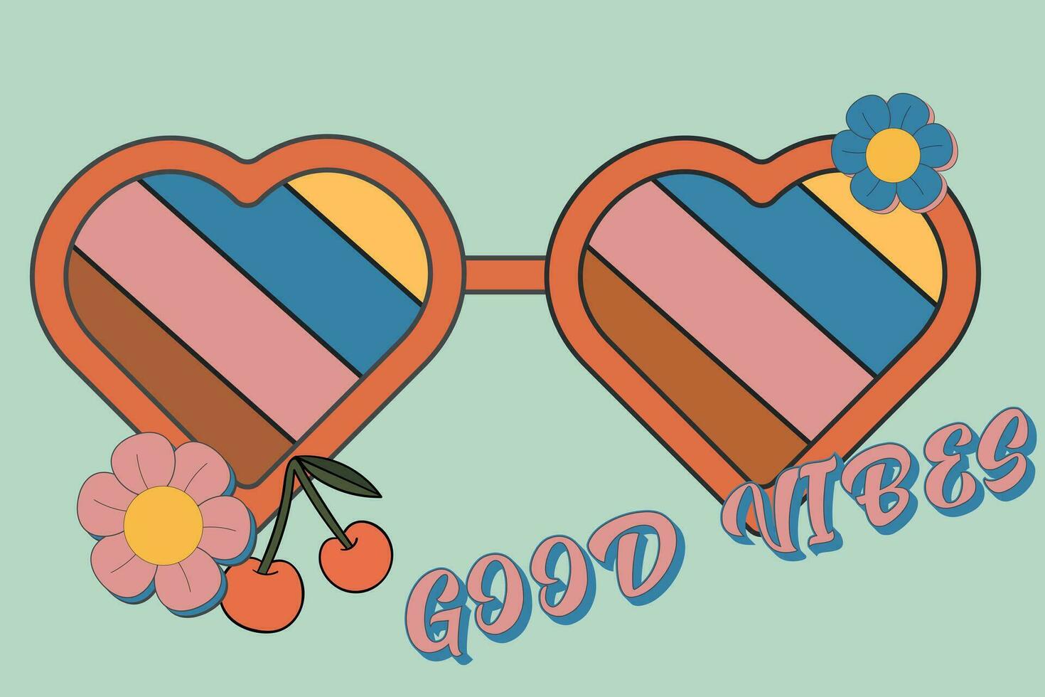 Vector psychedelic heart-shaped sunglasses from the 70s with an abstract line. Retro winding glasses for design and printing. Cartoon hippie sticker. Vintage illustration