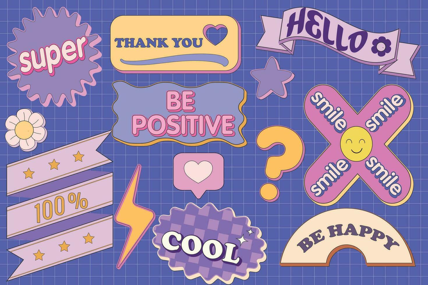 Vector set of text bubbles in retro style.With text elements on a dark purple background. Various shapes of bubbles with hipster patterns are suitable for designing banners, websites, presentations.