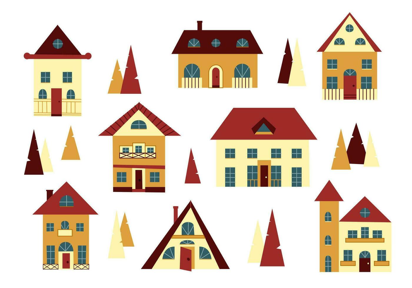 Set of isolated cute tiny houses, small buildings and pines in Scandinavian style. vector