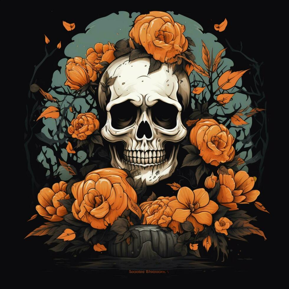 skull flower art illustration on black background photo