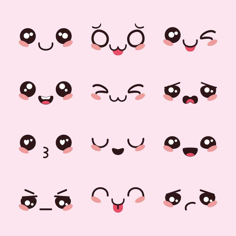 Vector hand flat design drawn kawaii face expressions