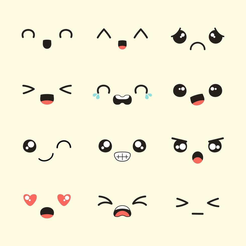 Vector hand flat design drawn kawaii face expressions