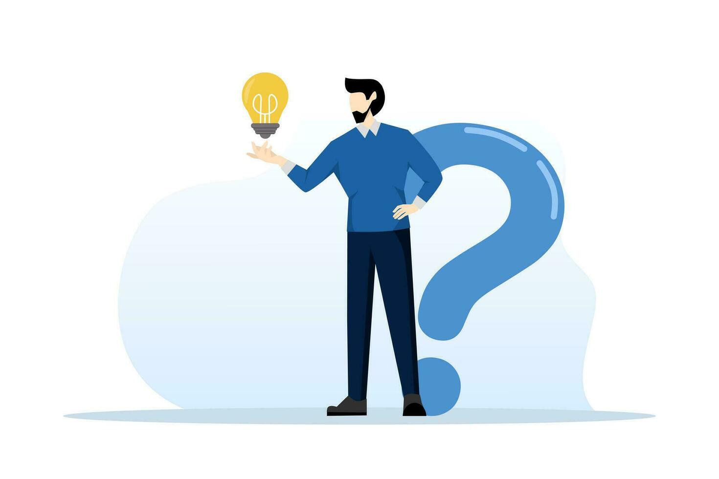 question and answer concept, q and a or solutions to solve a problem, frequently asked questions FAQ, help or creative thinking ideas, smart businessman with question mark and light bulb solution. vector