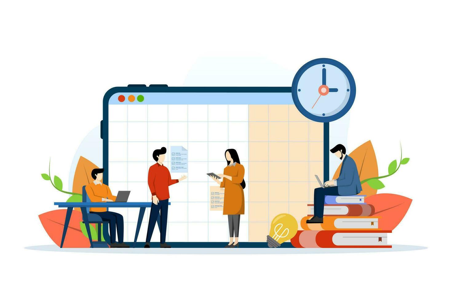 Group business team meeting concept, Standing meeting, Business team of people discussing while standing. business teamwork. Business meeting. Flat design vector illustration on white background.