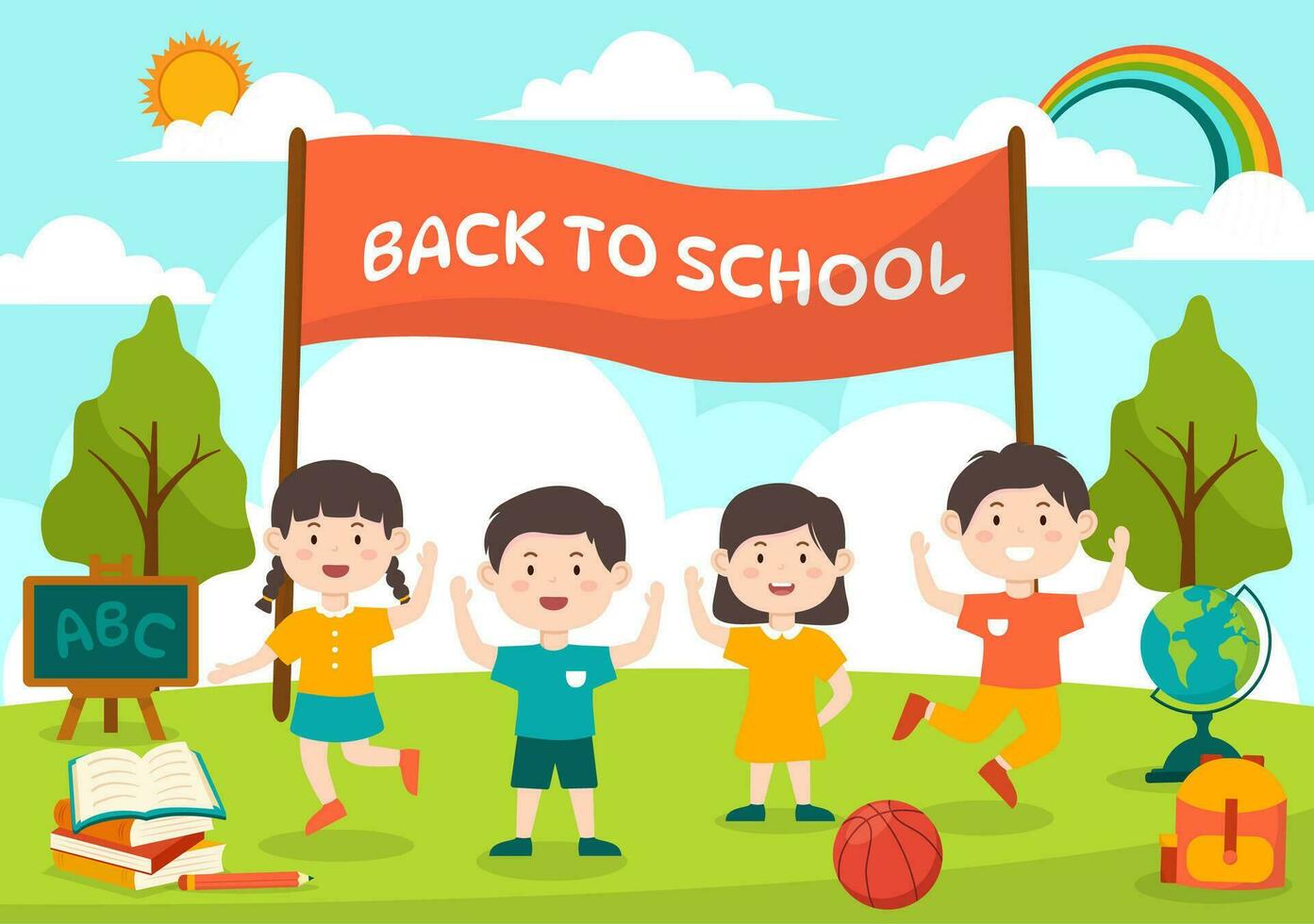 Back to School Vector Illustration with  Schools Elements and Learning Equipment for Education Background in Kids Flat Cartoon Hand Drawn Templates