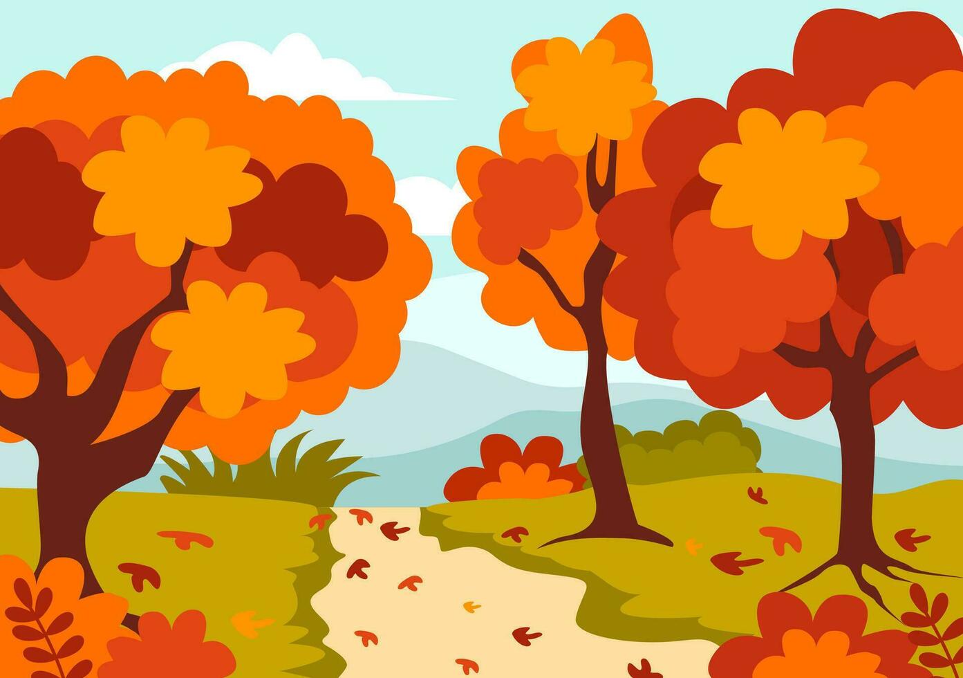 otoño paisaje antecedentes vector ilustración con montañas, campos, arboles y otoño hojas en plano dibujos animados natural temporada panorama plantillas