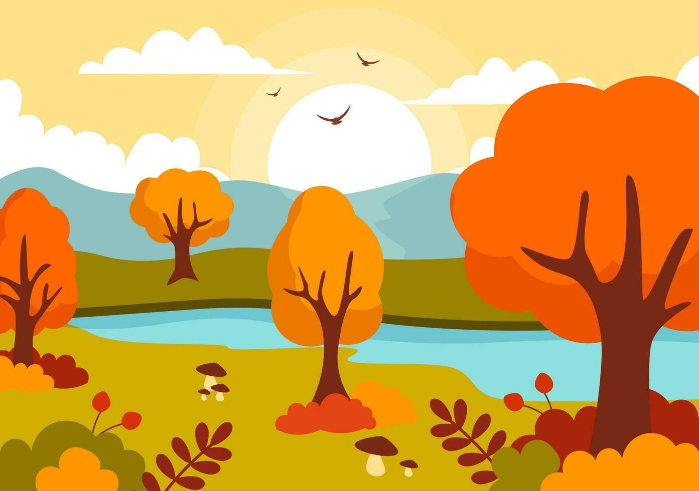 Autumn Landscape Background Vector Illustration with Mountains, Fields, Trees and Fall Leaves in Flat Cartoon Natural Season Panorama Templates
