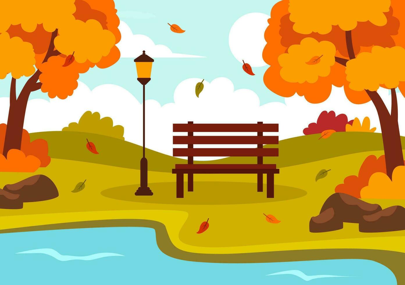 otoño paisaje antecedentes vector ilustración con montañas, campos, arboles y otoño hojas en plano dibujos animados natural temporada panorama plantillas