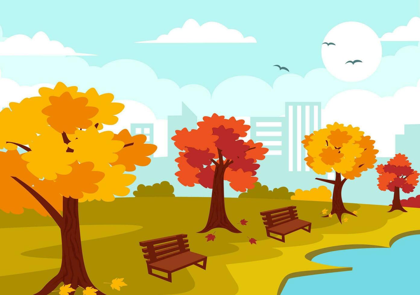 otoño paisaje antecedentes vector ilustración con montañas, campos, arboles y otoño hojas en plano dibujos animados natural temporada panorama plantillas