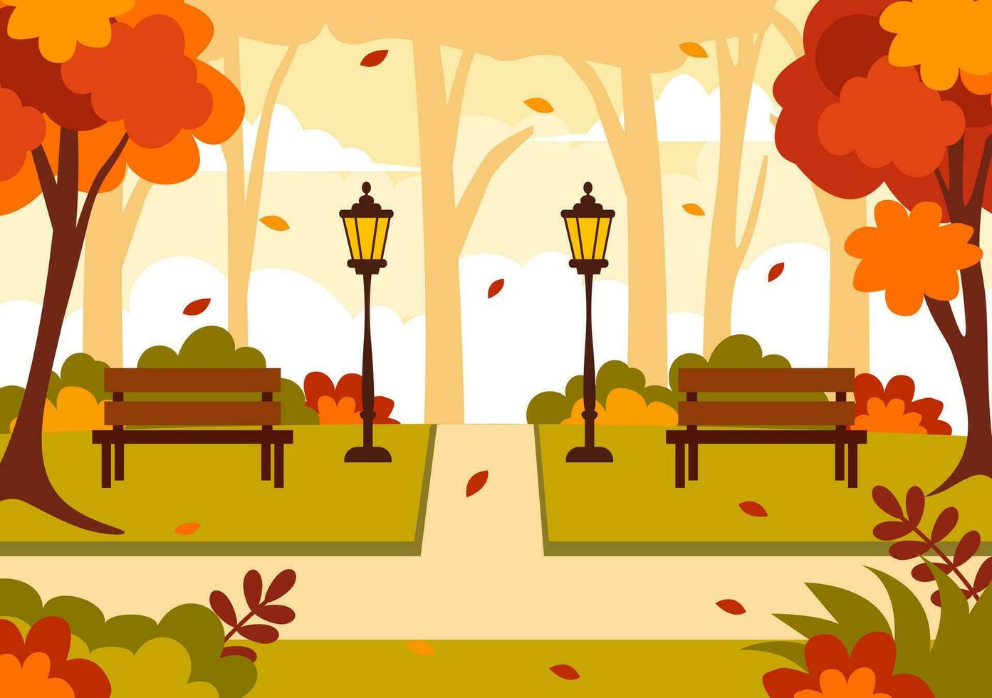 otoño paisaje antecedentes vector ilustración con montañas, campos, arboles y otoño hojas en plano dibujos animados natural temporada panorama plantillas