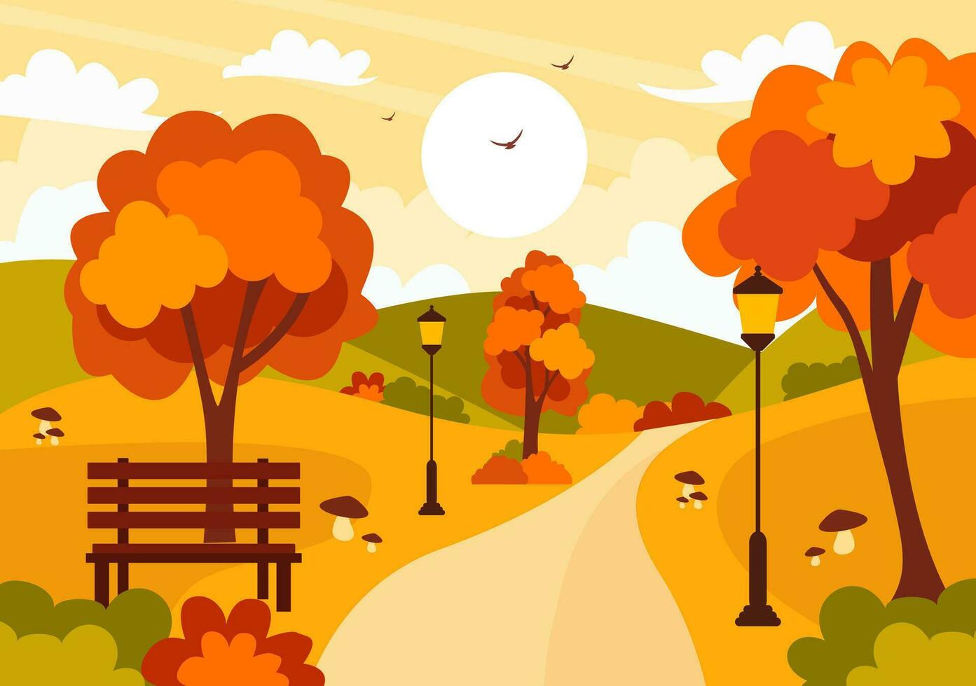 otoño paisaje antecedentes vector ilustración con montañas, campos, arboles y otoño hojas en plano dibujos animados natural temporada panorama plantillas