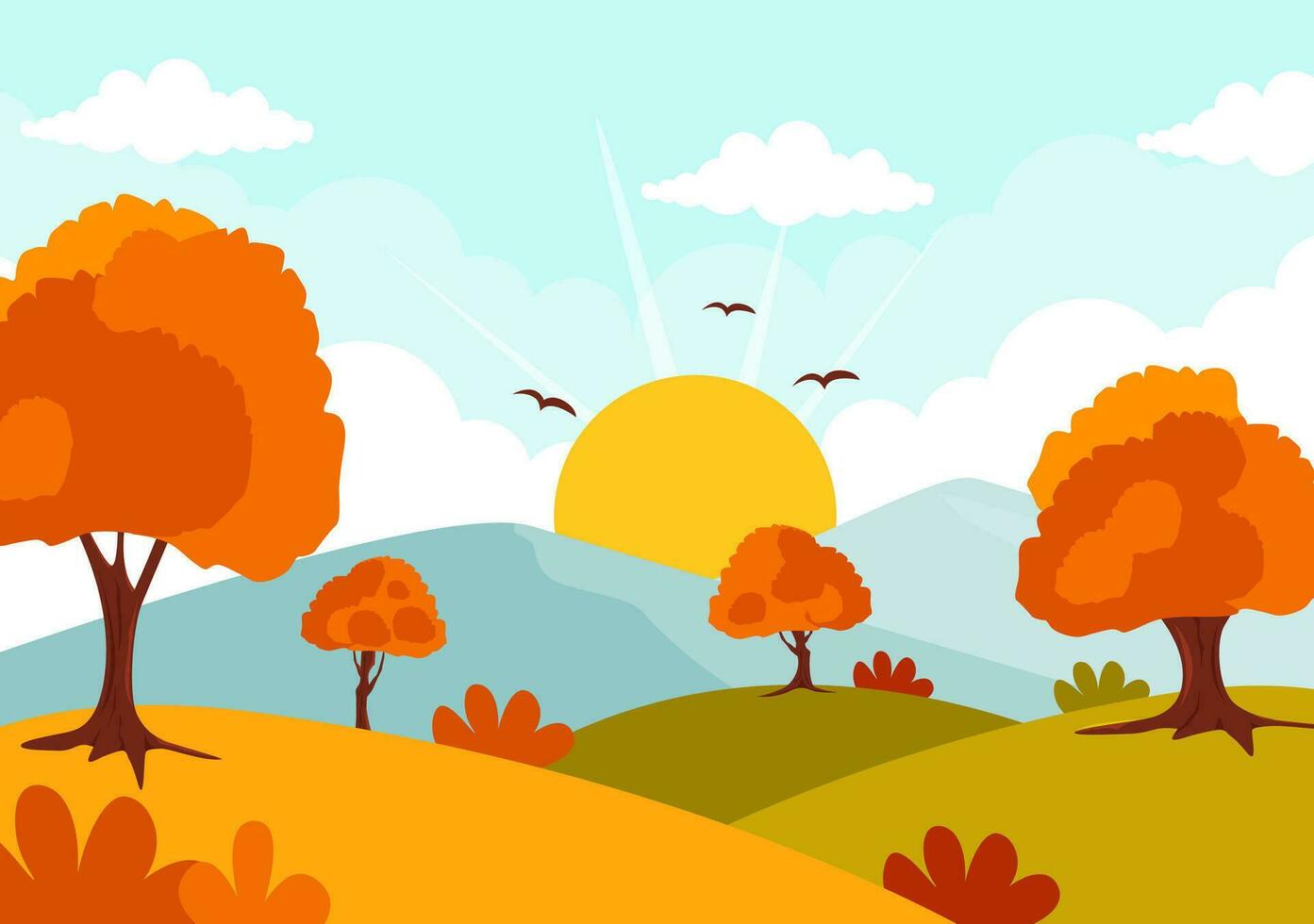 otoño paisaje antecedentes vector ilustración con montañas, campos, arboles y otoño hojas en plano dibujos animados natural temporada panorama plantillas