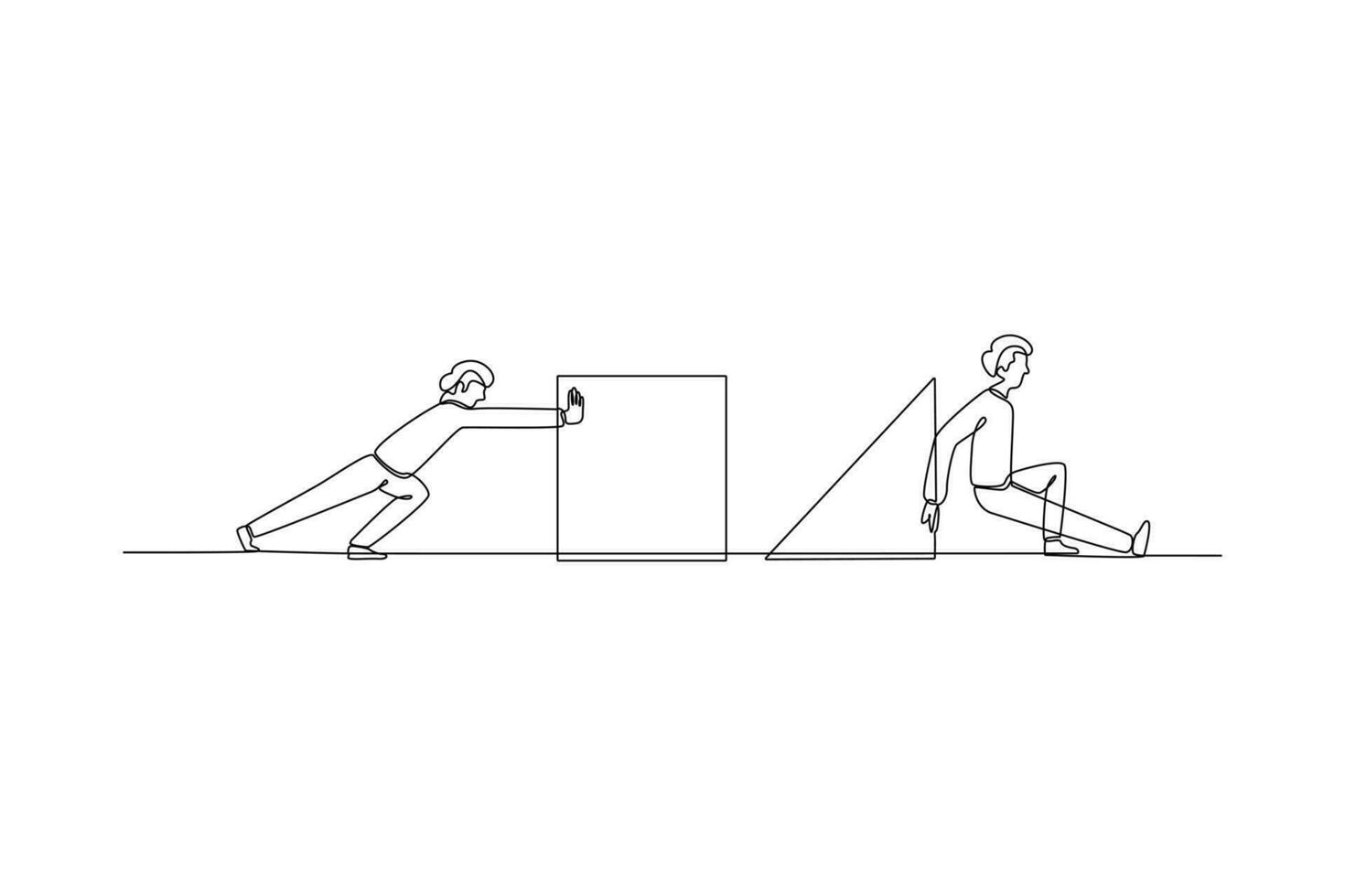 One continuous line drawing of Concept of co working, business partnership, analytics or teamwork. Colleagues work together with geometrical shapes. Doodle vector illustration in simple linear style.