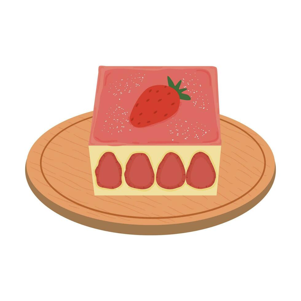 Strawberry dessert on a wooden plate. Vector illustration for decoration.