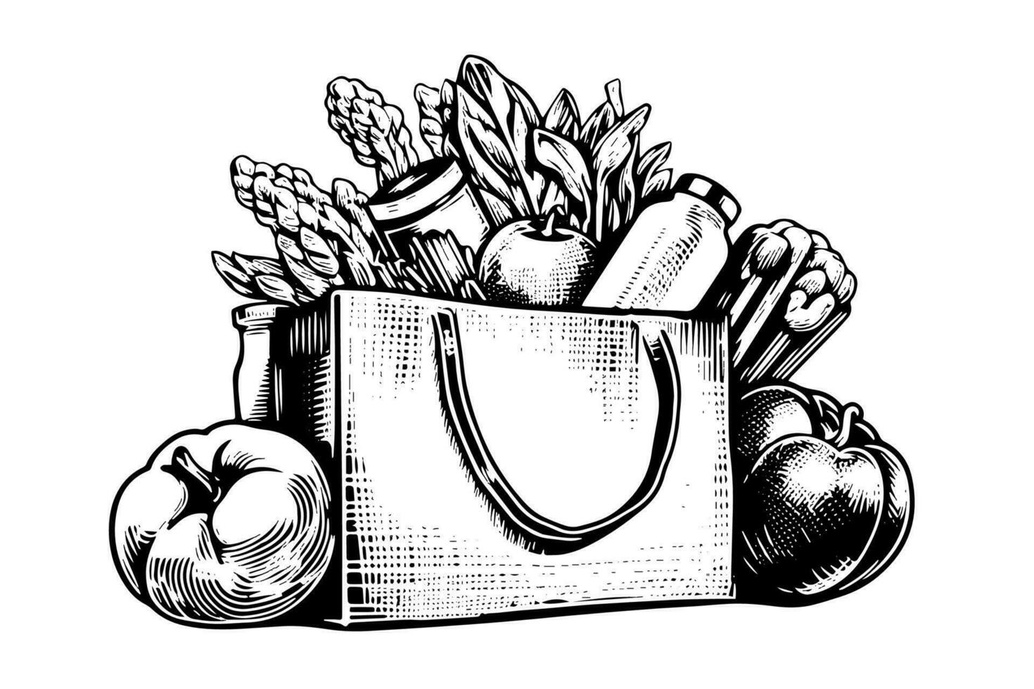 Grocery bag full of fruits and vegetables engraving sketch vector hand-drawn illustration.