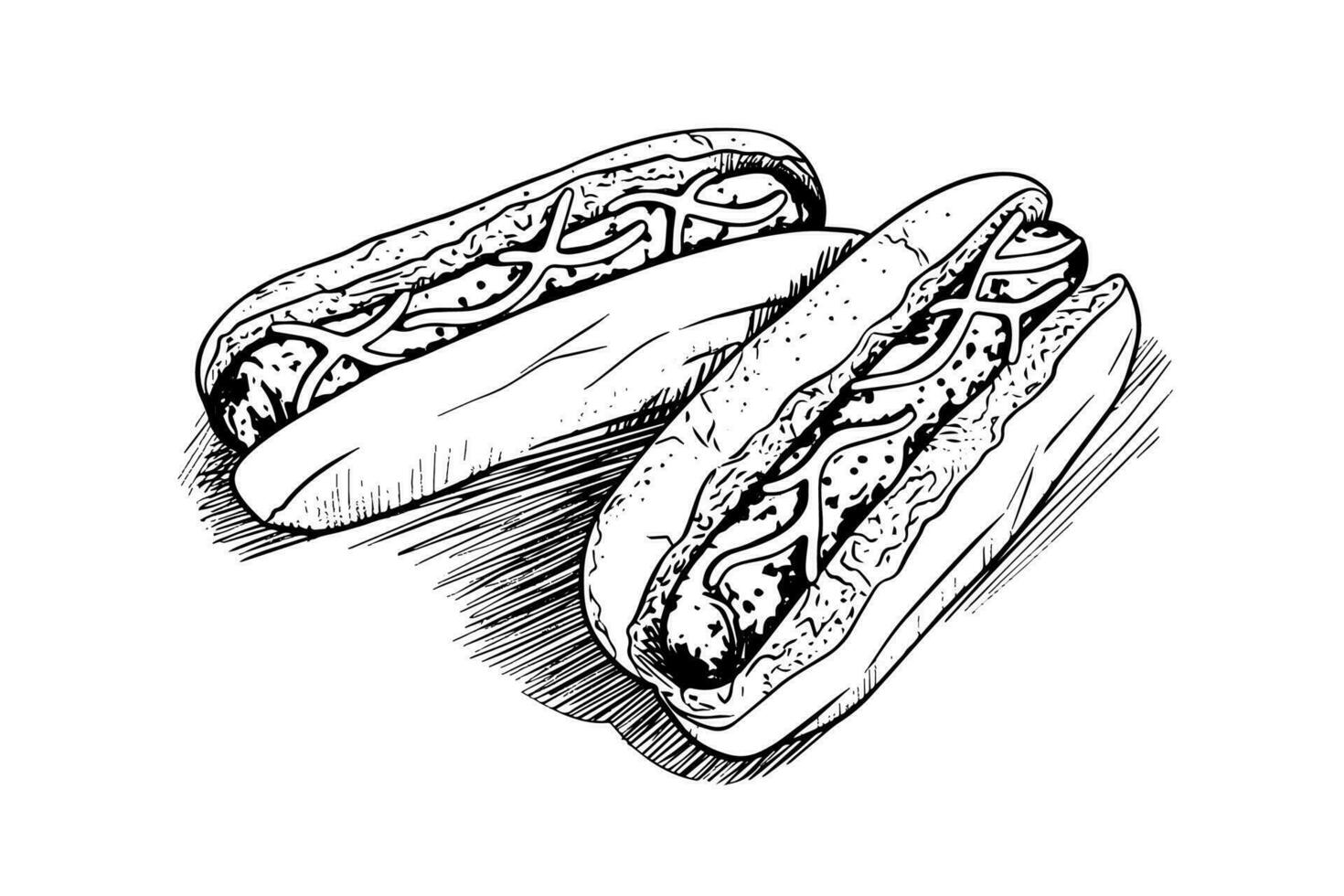 dos caliente perro con salchicha y salsa grabado bosquejo vector ilustración.