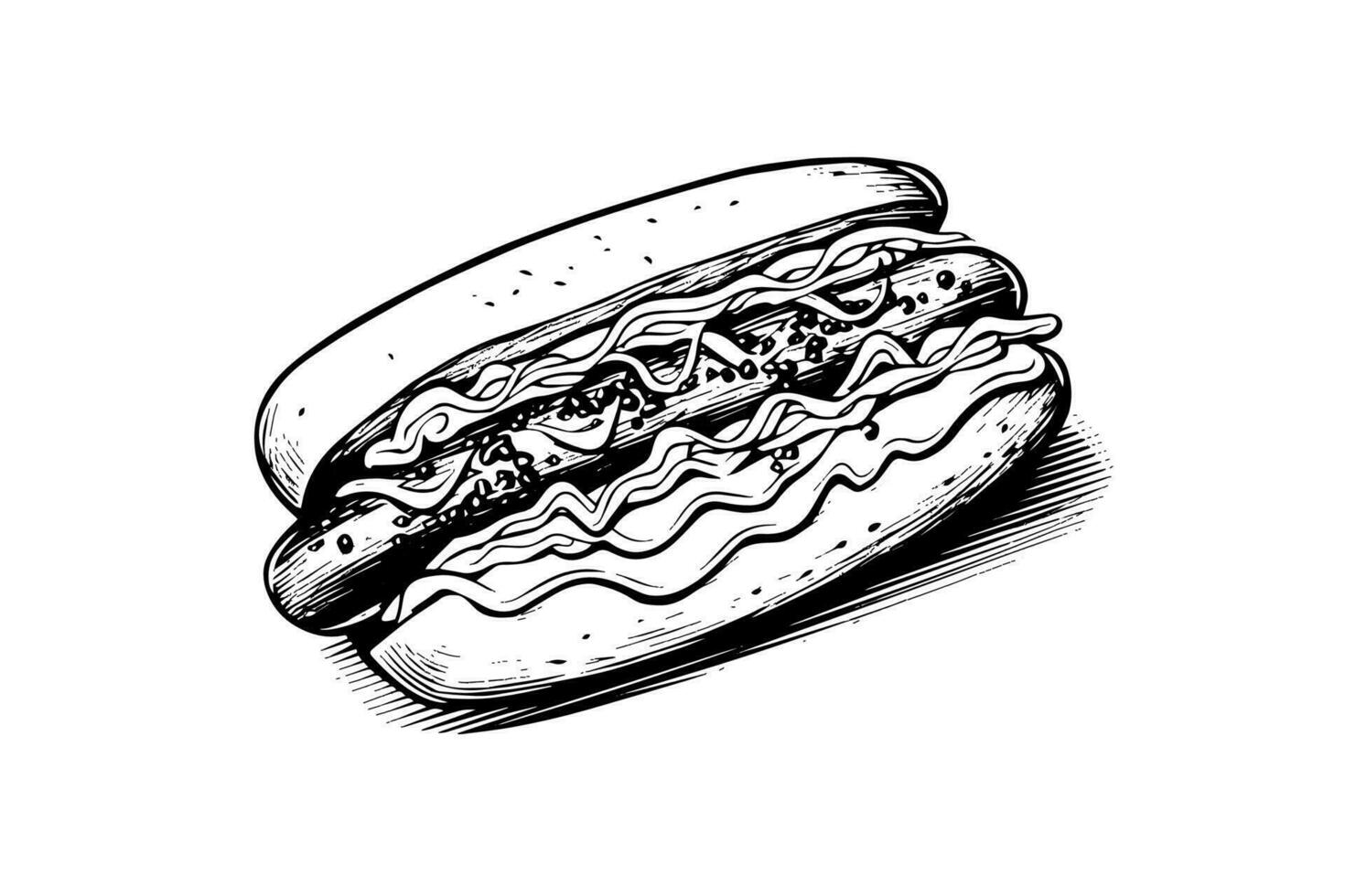 Fast food hot dog with sausage and sauce engraving sketch vector illustration.