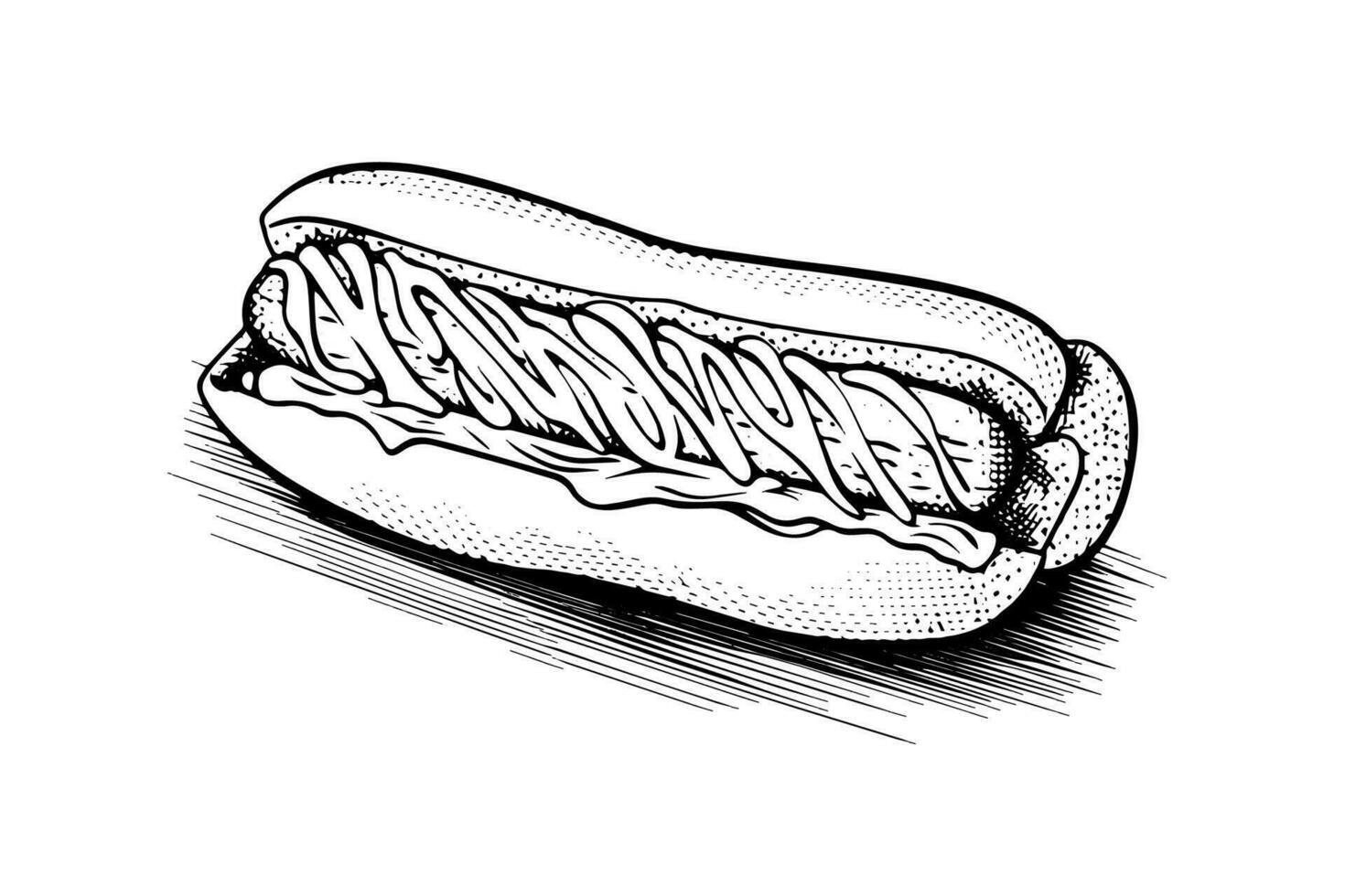 Fast food hot dog with sausage and sauce engraving sketch vector illustration.