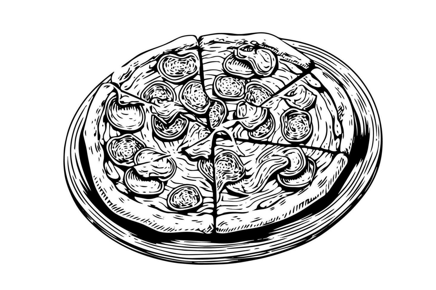 Sliced pizza sketch hand drawn engraving style Vector illustration.