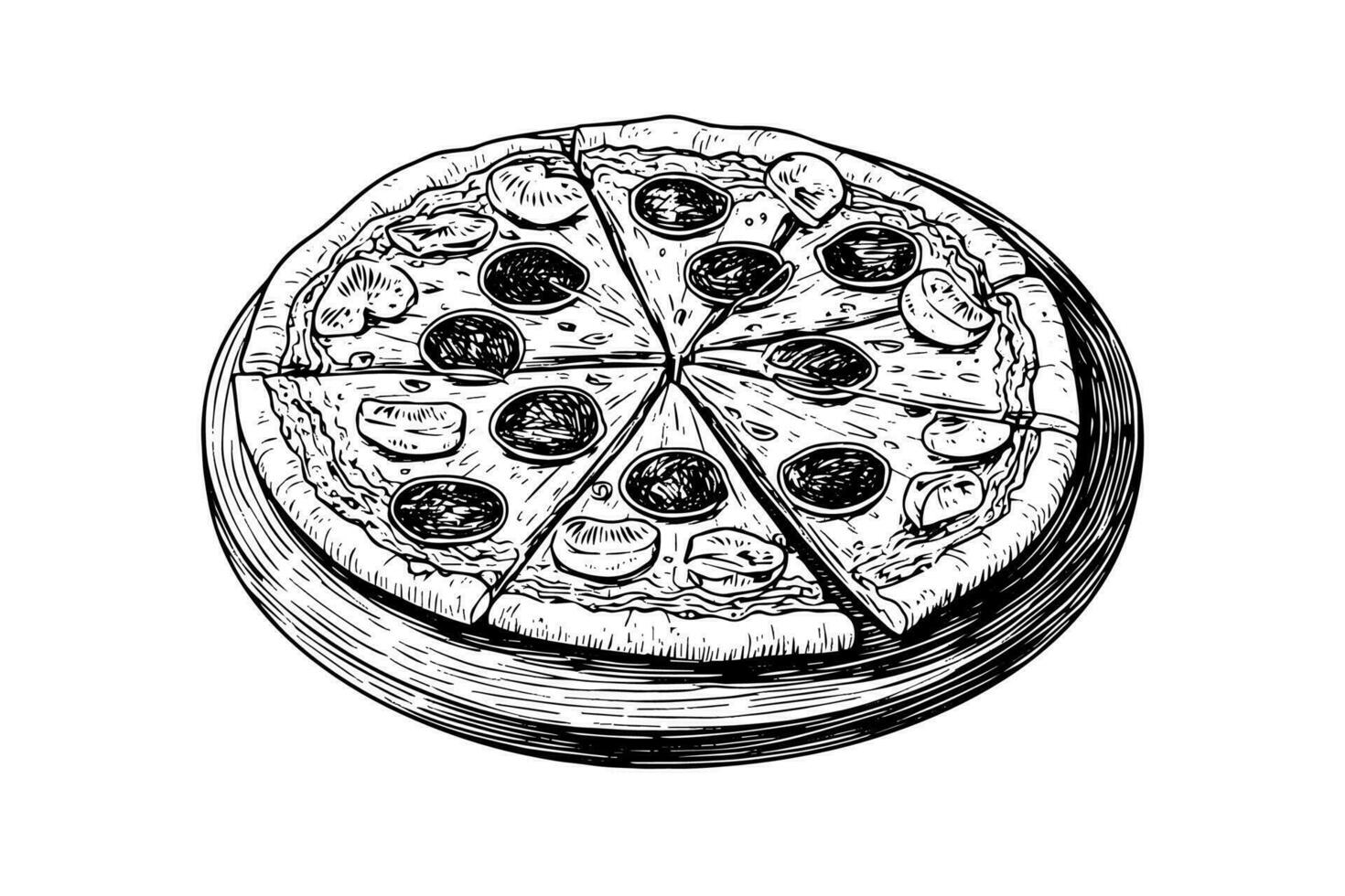 Sliced pizza sketch hand drawn engraving style Vector illustration.