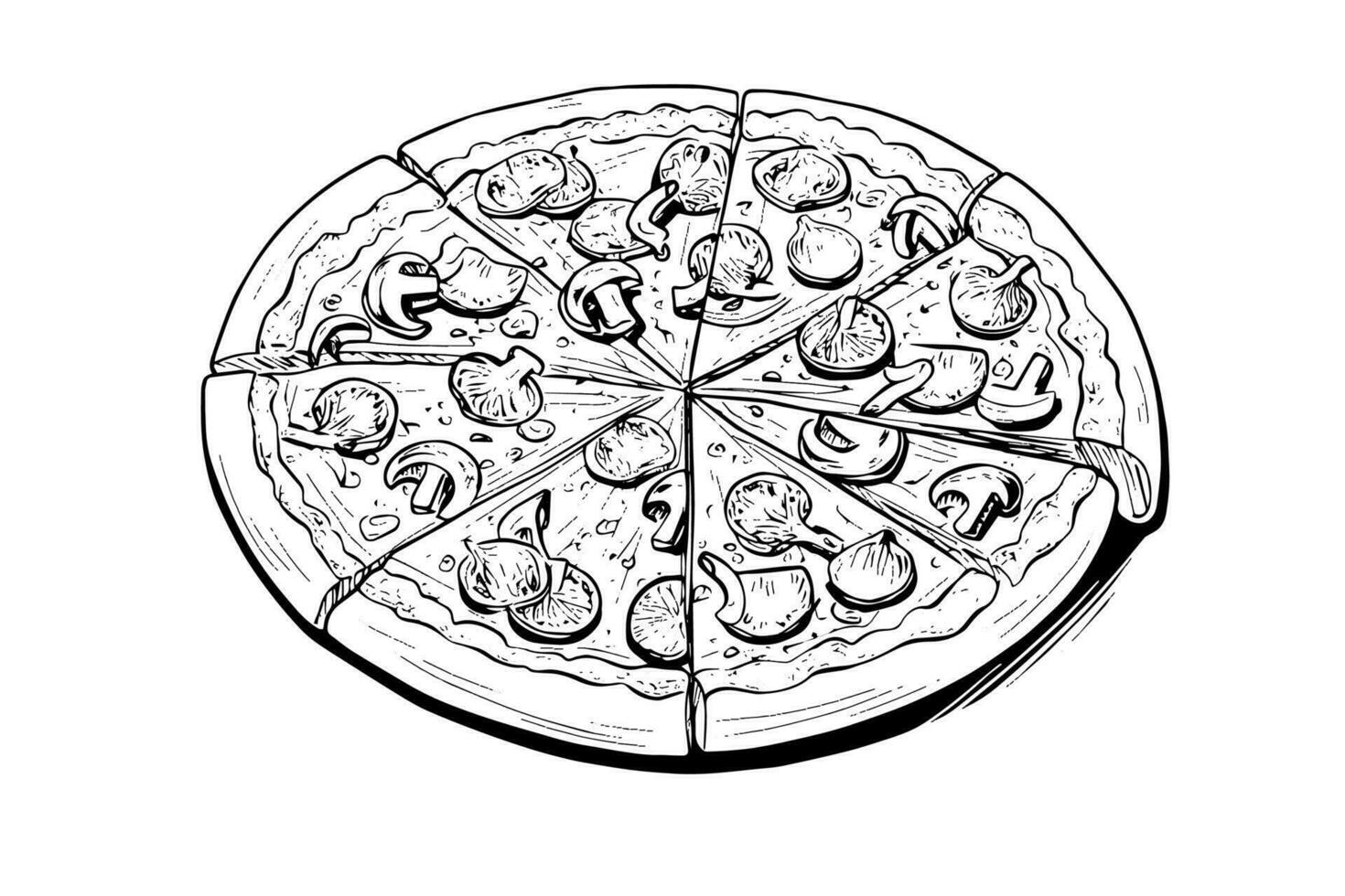 Sliced pizza sketch hand drawn engraving style Vector illustration.