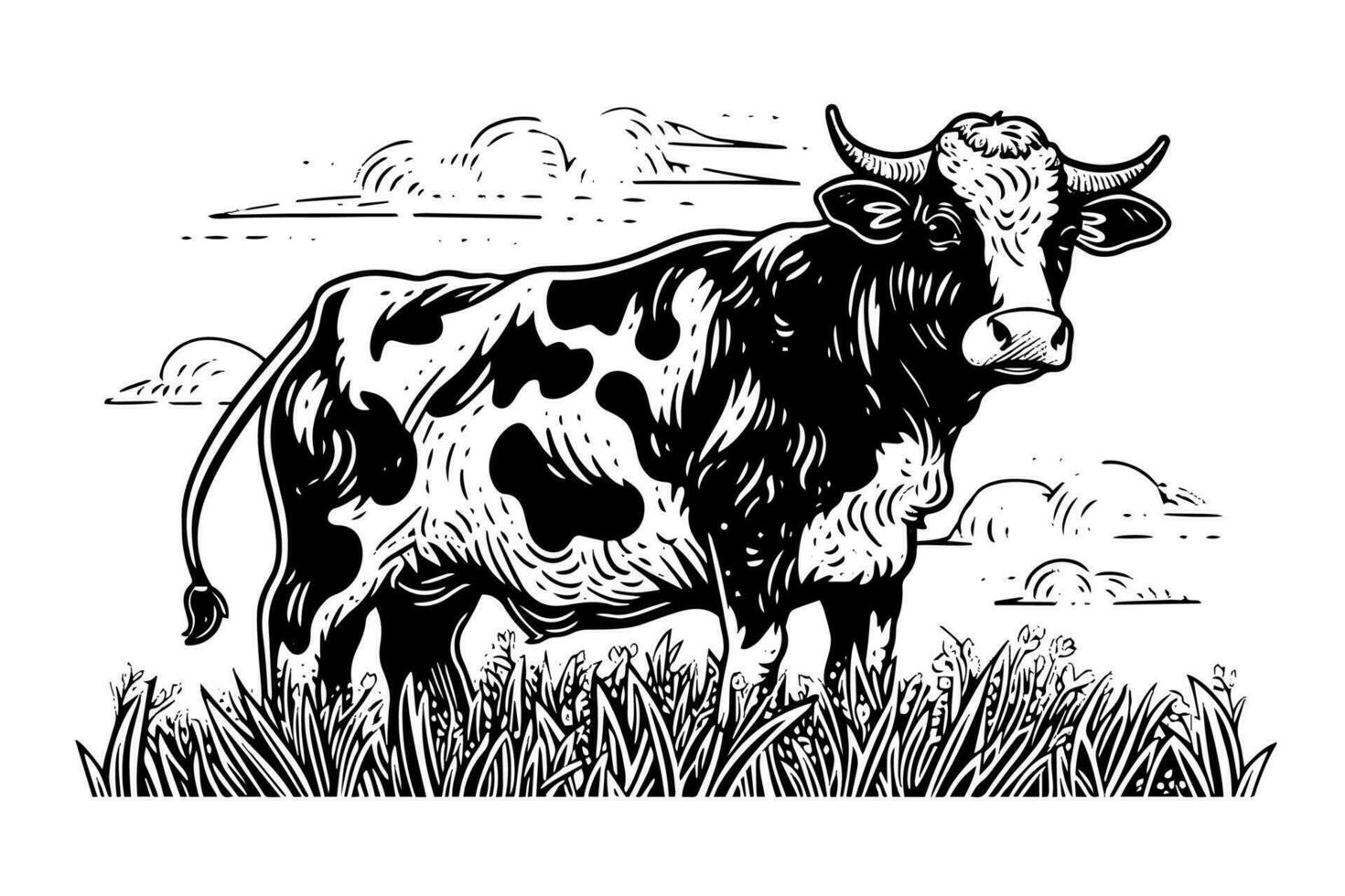 Cow grazes in the field. Vector hand drawn engraving style illustration.