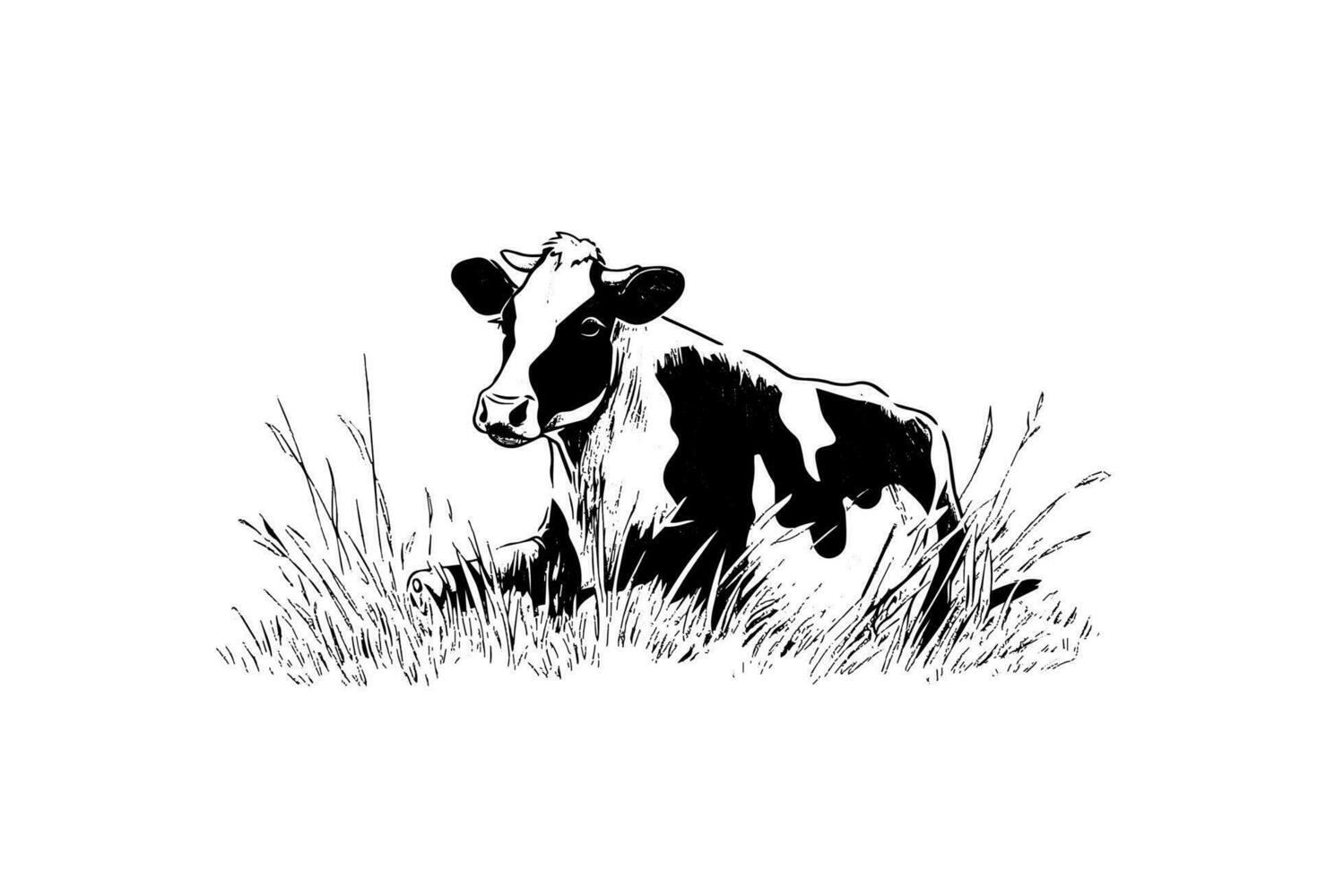 Cow grazes in the field. Vector hand drawn engraving style illustration.