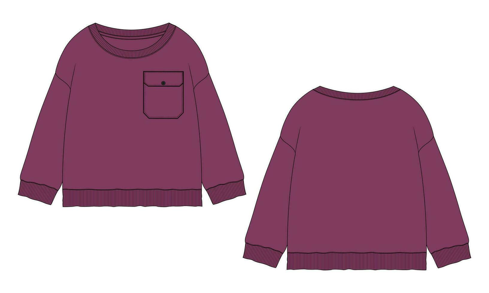 Long sleeves Cotton-terry Fleece sweatshirt technical fashion flat illustration With regular fit crew neckline. Flat Sketch jumper apparel vector template front, back view. Woman, unisex top