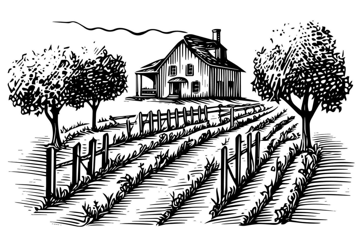 Vineyard landscape engraving style. Vintage hand drawn sketch vector illustration.