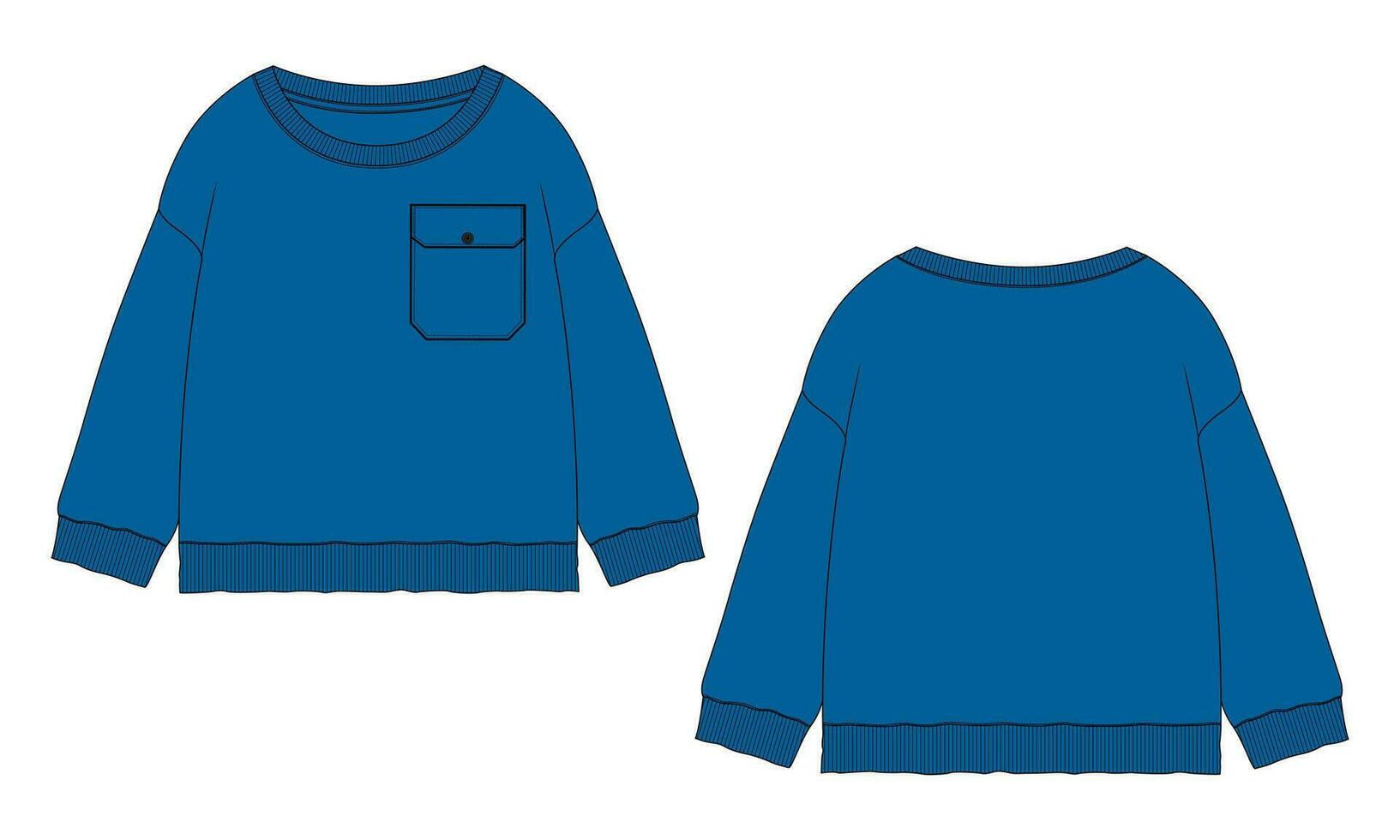 Long sleeves Cotton-terry Fleece sweatshirt technical fashion flat illustration With regular fit crew neckline. Flat Sketch jumper apparel vector template front, back view. Woman, unisex top