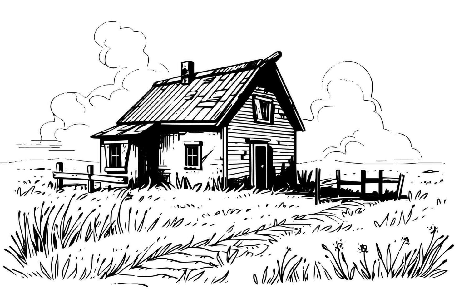 Rural landscape with a farm in engraving style. Hand drawn vector Illustration