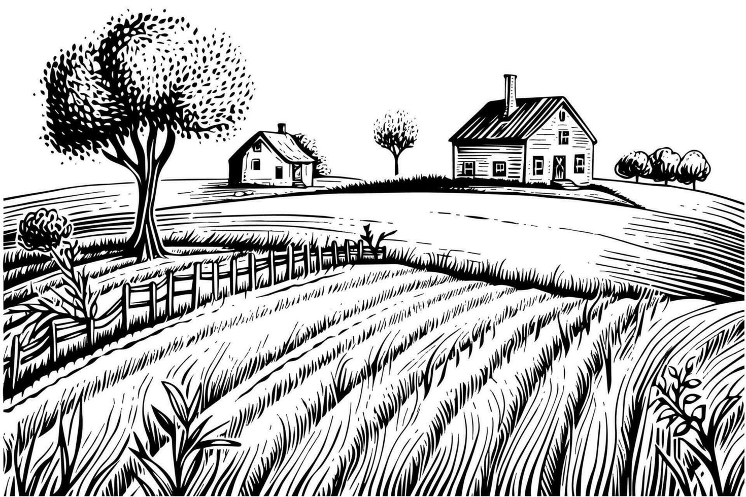 Vineyard landscape engraving style. Vintage hand drawn sketch vector illustration.