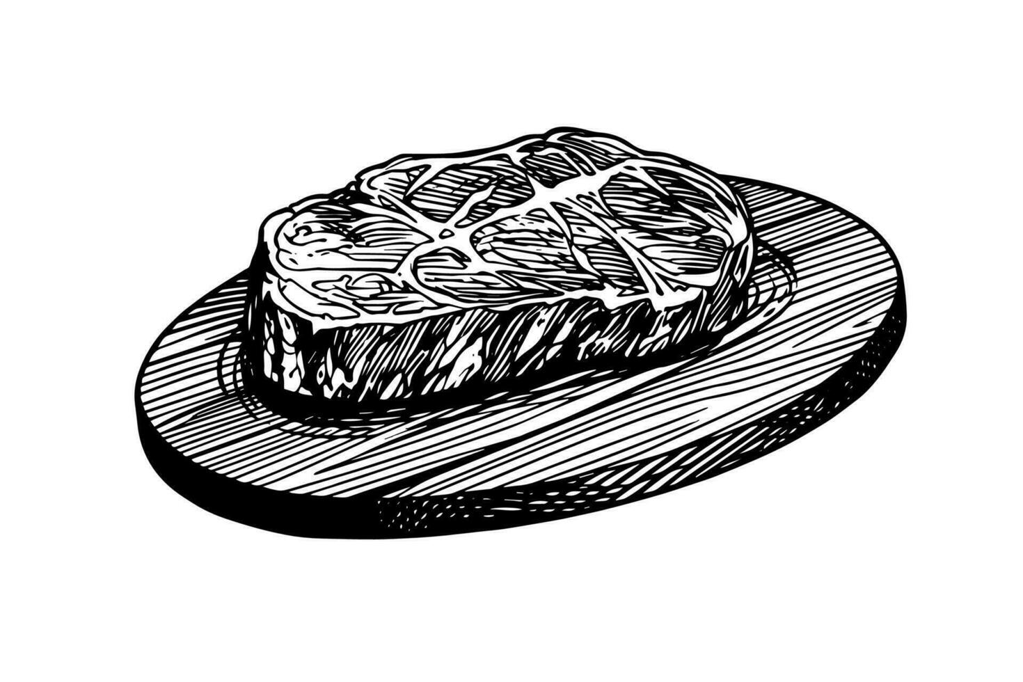 Meat steak on wood board. Hand drawing sketch engraving style vector illustration