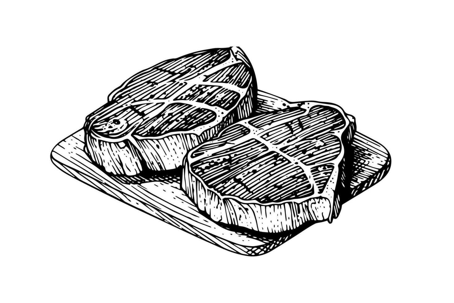 Meat steak on wood board. Hand drawing sketch engraving style vector illustration .