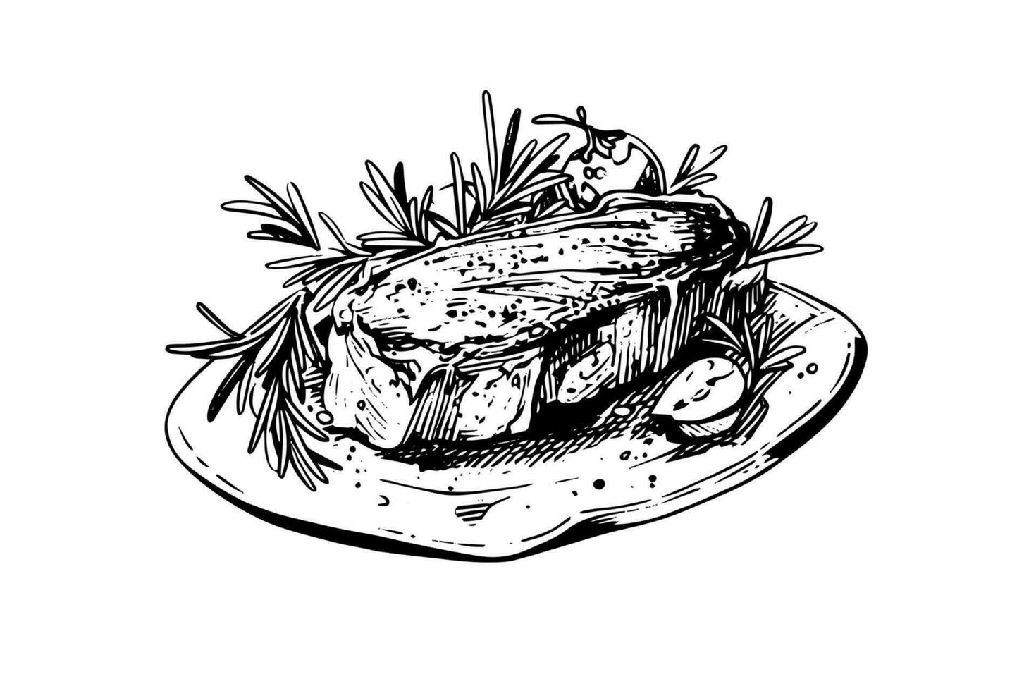 Meat steak on the plate. Hand drawing sketch engraving style vector illustration