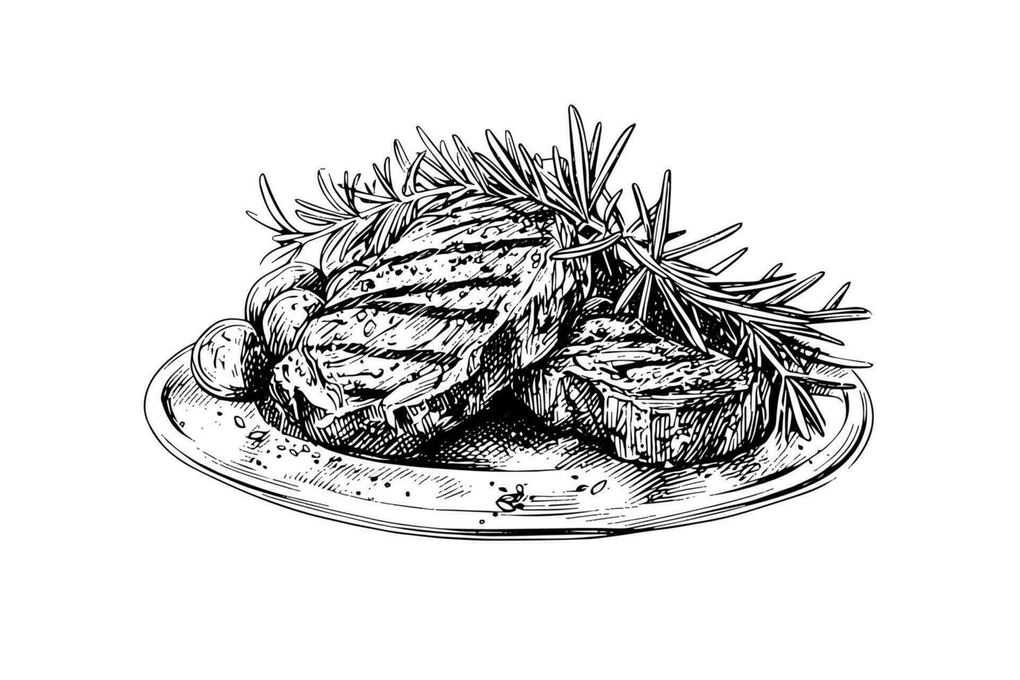 Meat steak on the plate. Hand drawing sketch engraving style vector illustration