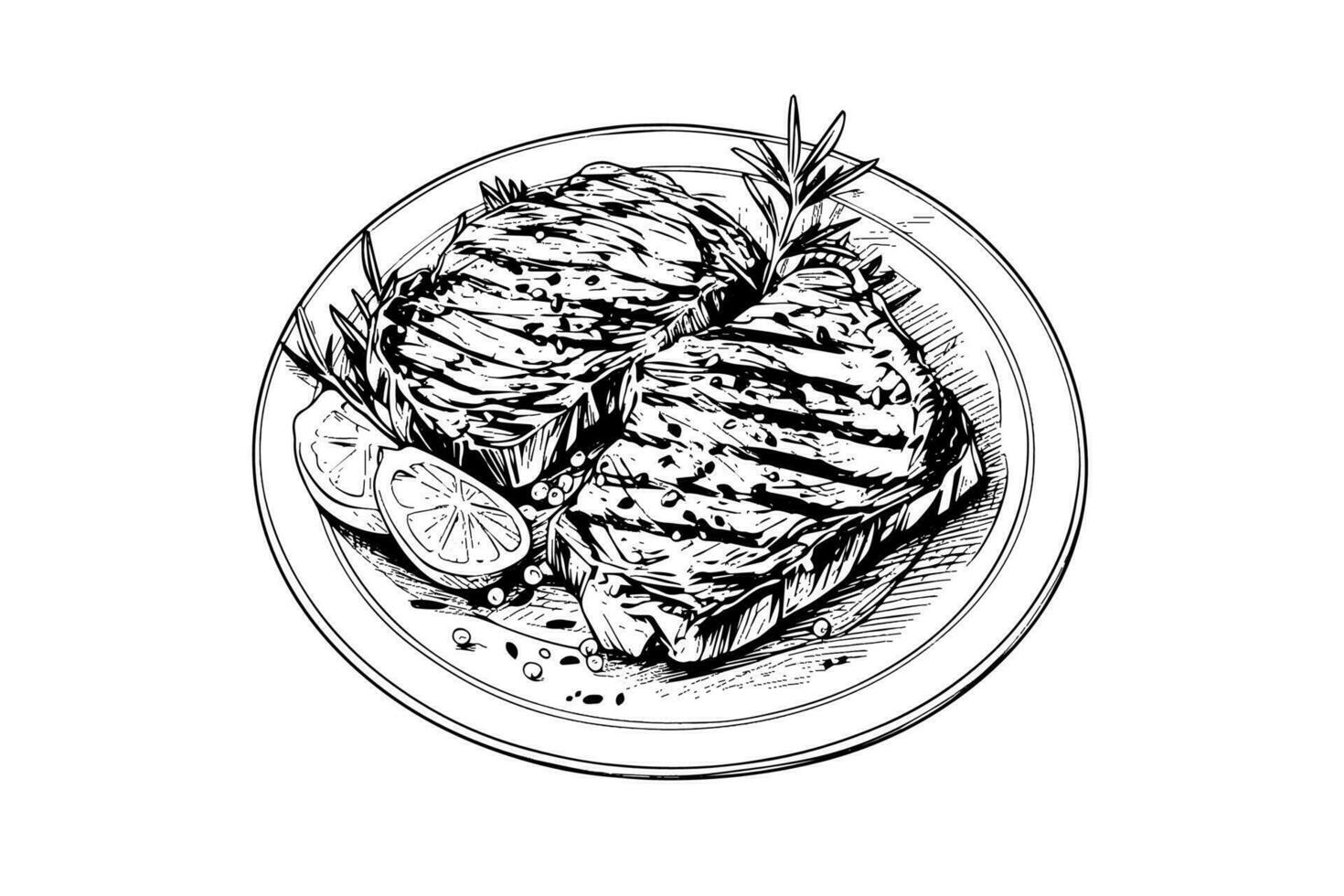 Meat steak on the plate. Hand drawing sketch engraving style vector illustration