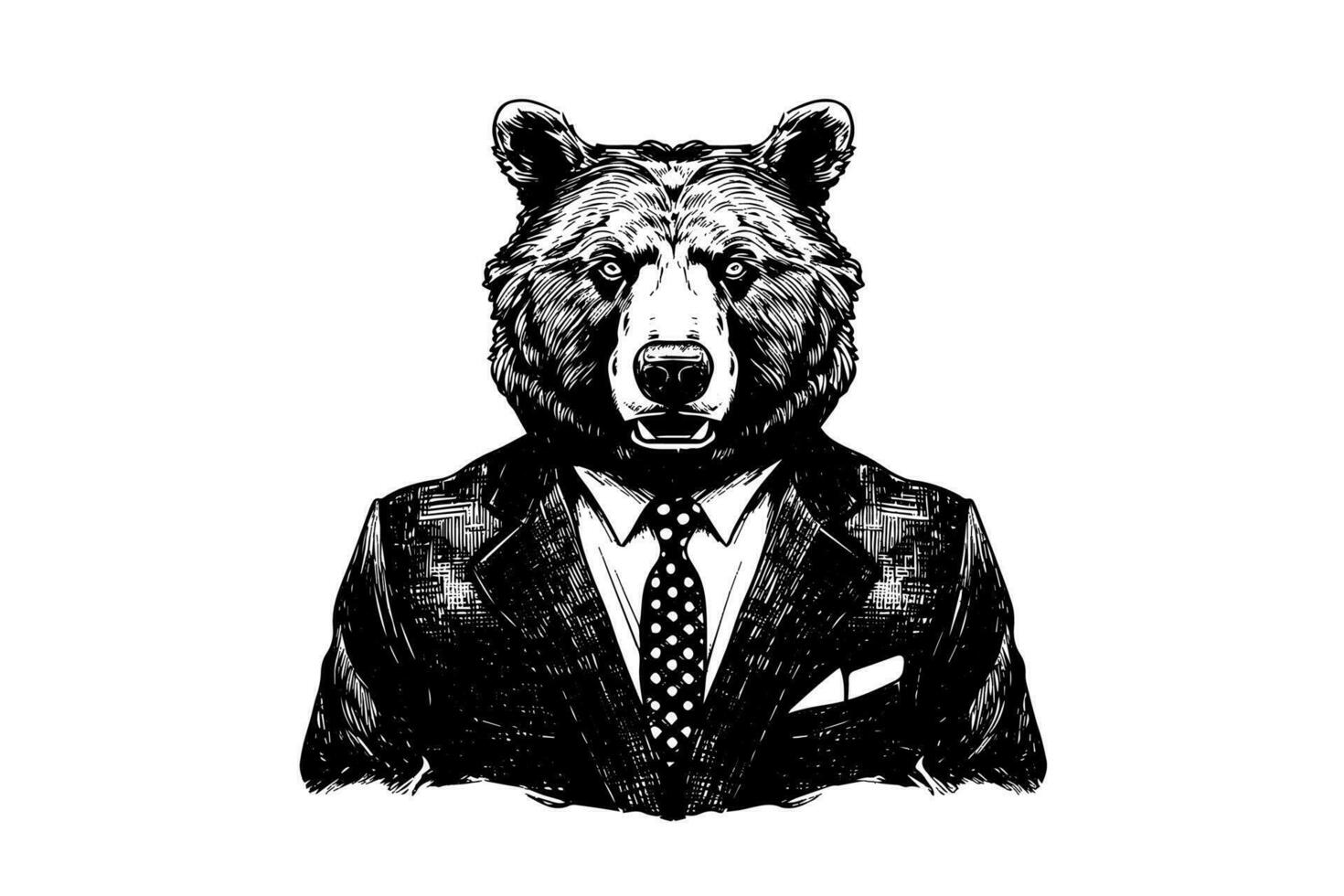 Bear in a tuxedo logotype vector engraving style illustration