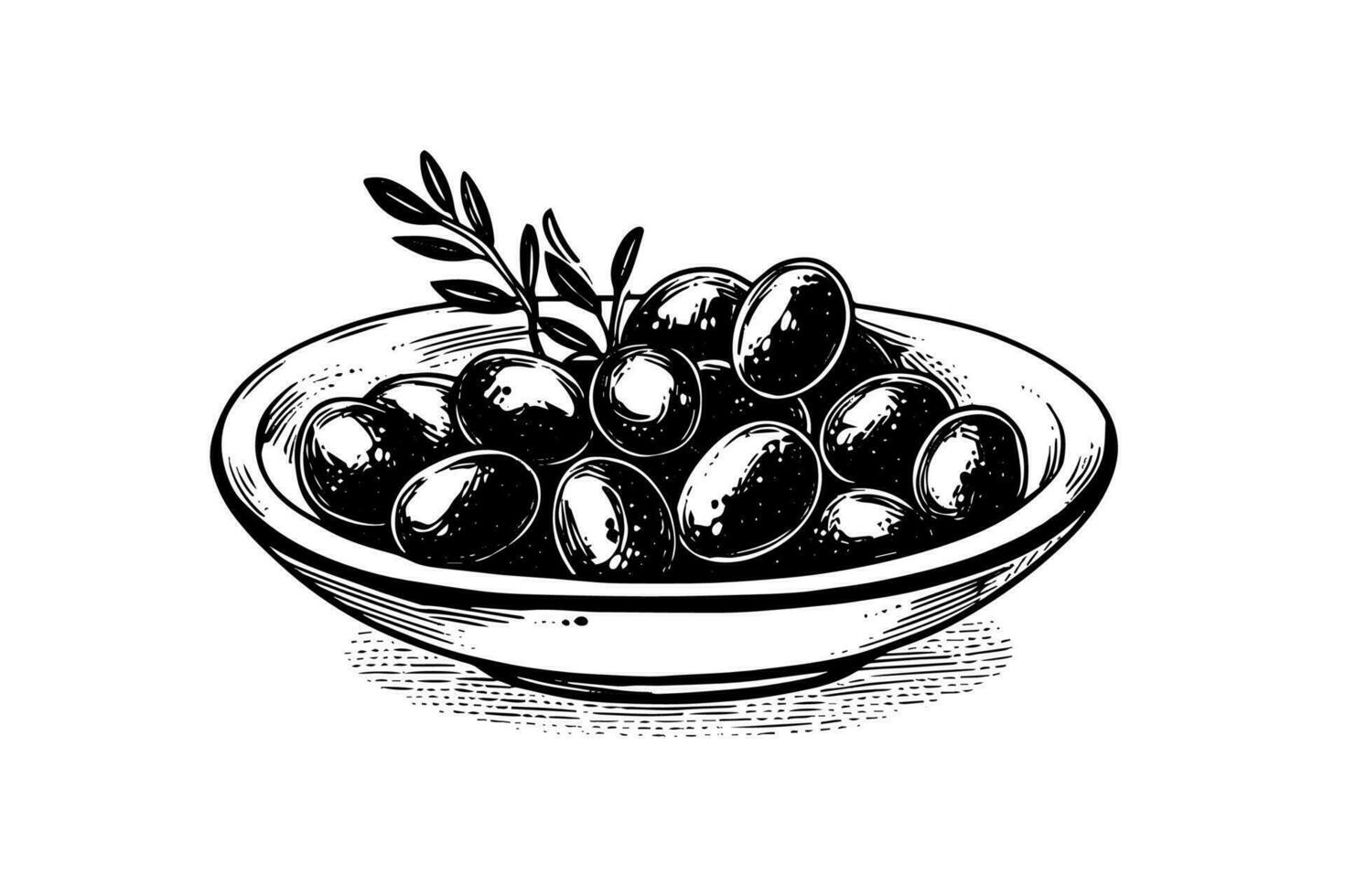 Olive on a plate in engraving style element for poster, collage, banner. Vector illustration.