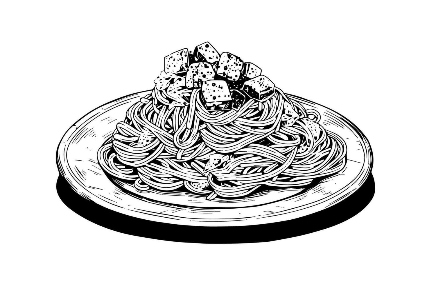 Italian pasta. Spaghetti on a plate, fork with spaghetti Vector engraving style illustration.