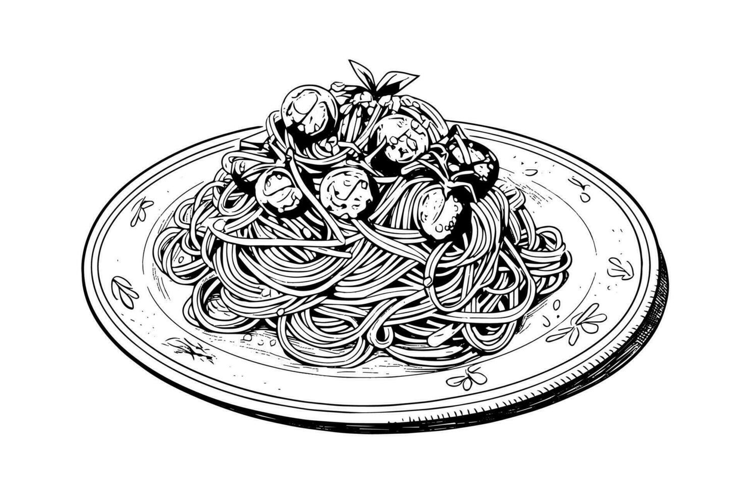 Italian pasta. Spaghetti on a plate, fork with spaghetti Vector engraving style illustration.