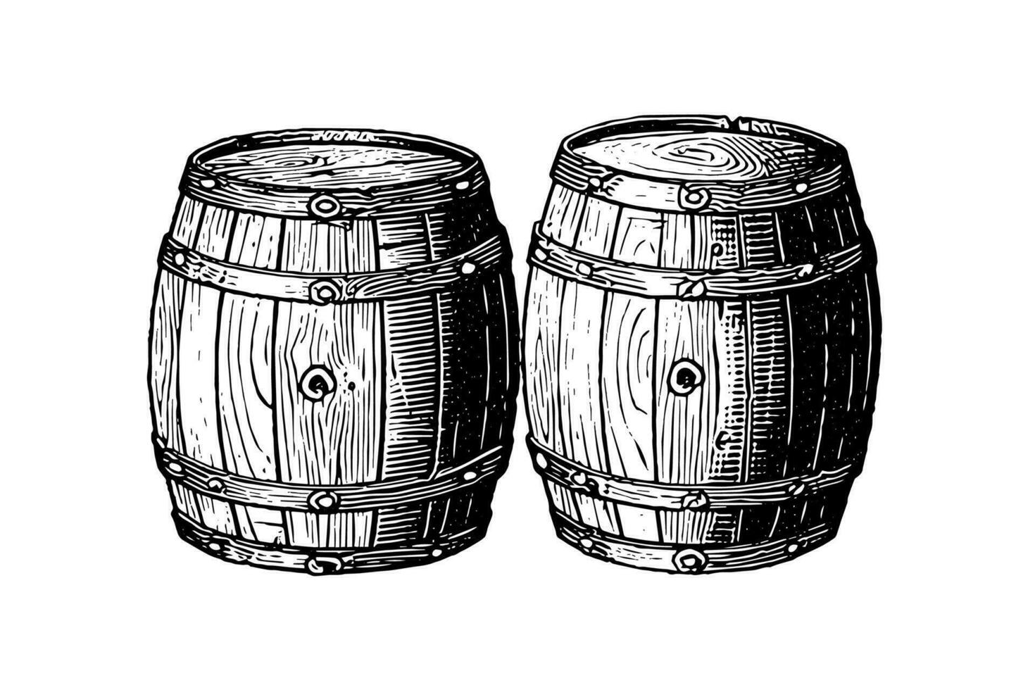 Oak wooden barrel hand drawn sketch engraving style vector illustration.