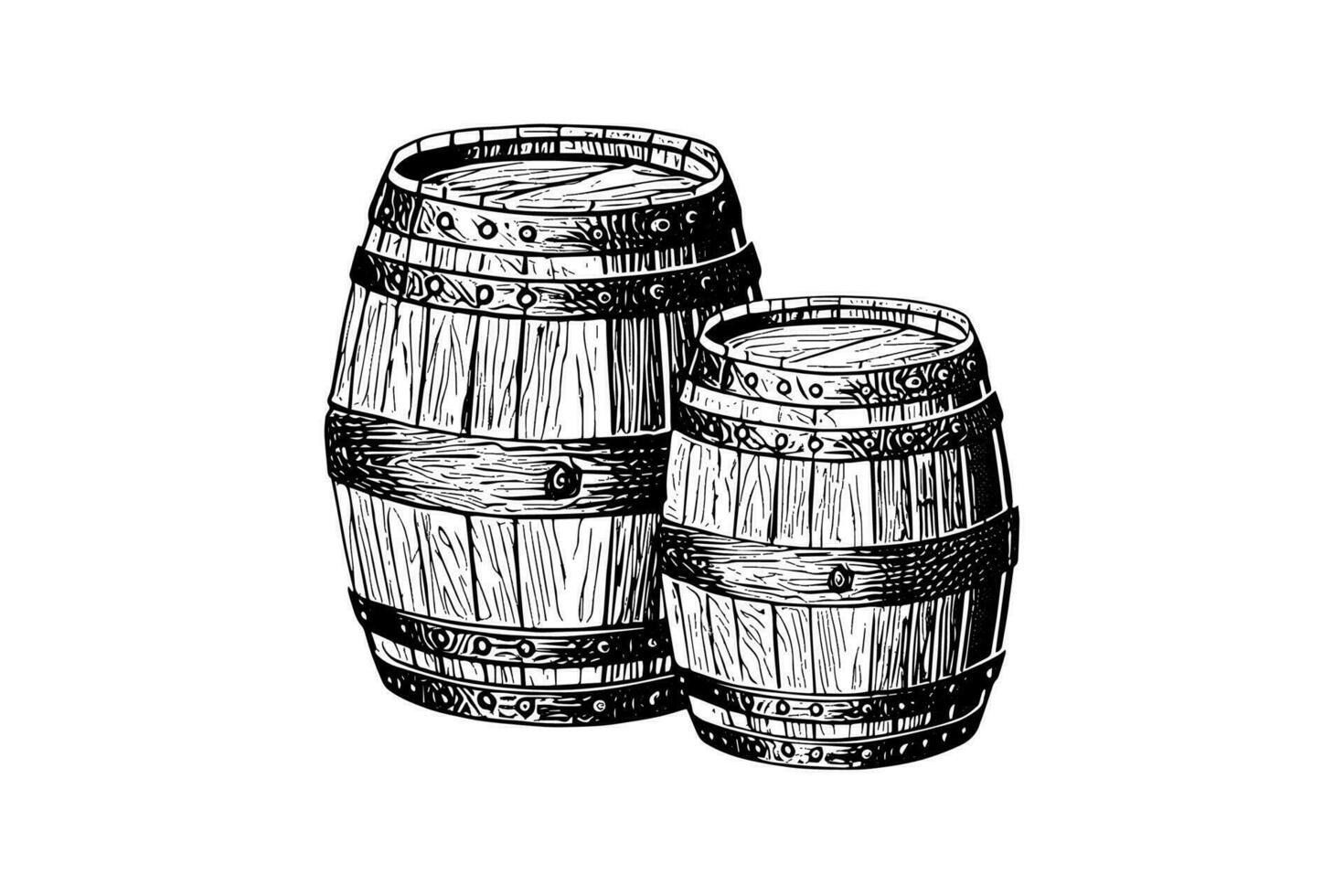 Oak wooden barrel hand drawn sketch engraving style vector illustration.