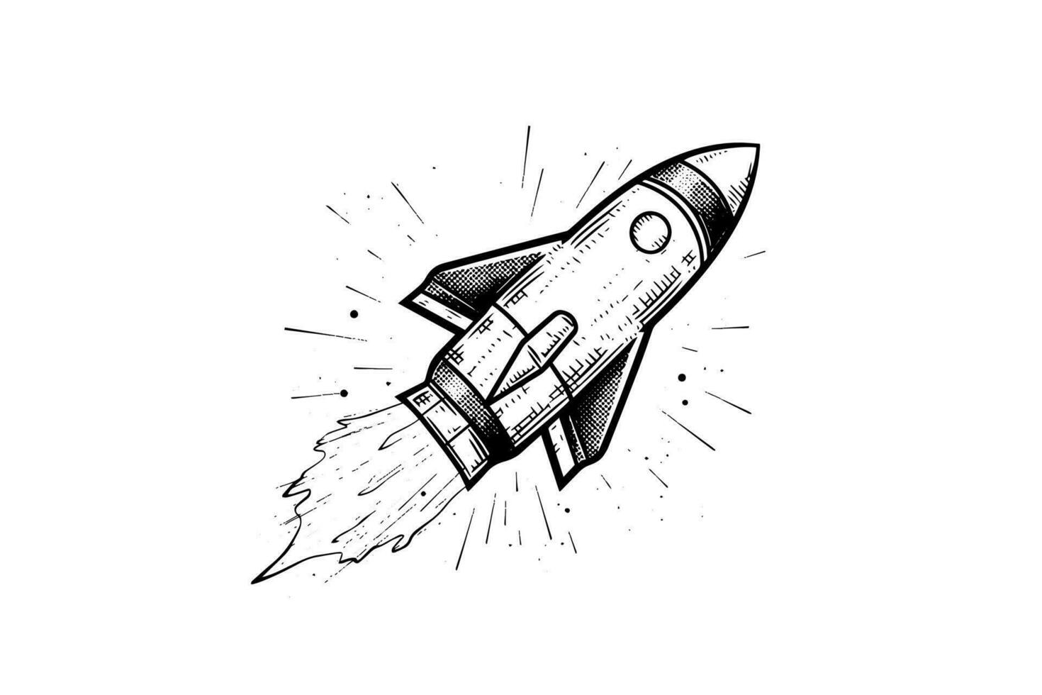 Blowing space rocket sketch engraving style vector illustration.
