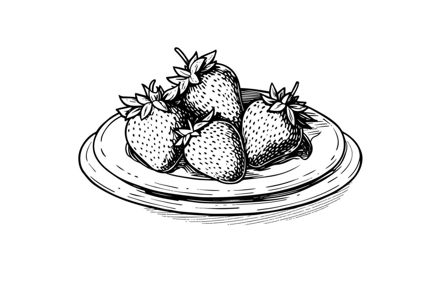 Strawberry on plate in engraving style. Design element for poster, card, banner, sign. Vector illustration