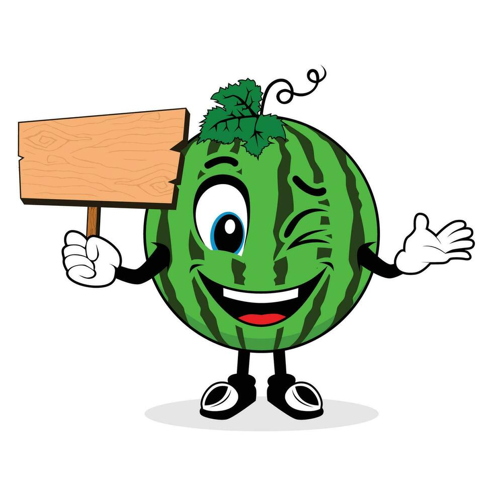 Smiling Face Watermelon Cartoon Mascot Holding Up A Blank Wood Sign vector