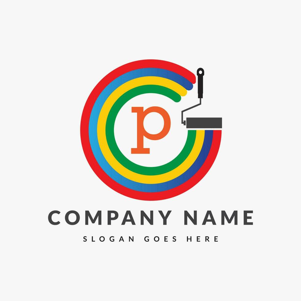 Paint Logo On Letter P Template. Paint Logo On P Letter, Initial Paint Sign Concept Template vector