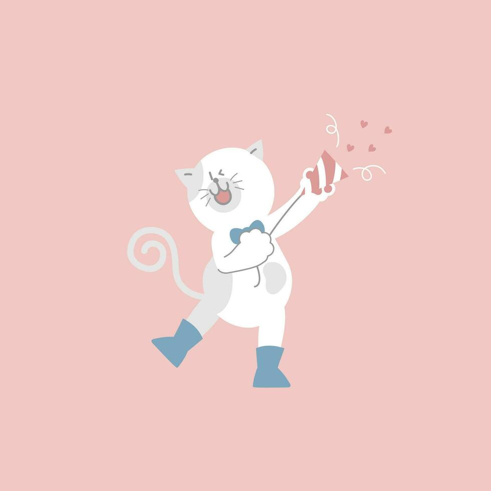 linda y encantador blanco gato con fiesta corchete, petardo y papel picado, contento San Valentín día, amor concepto, plano vector ilustración dibujos animados personaje disfraz diseño